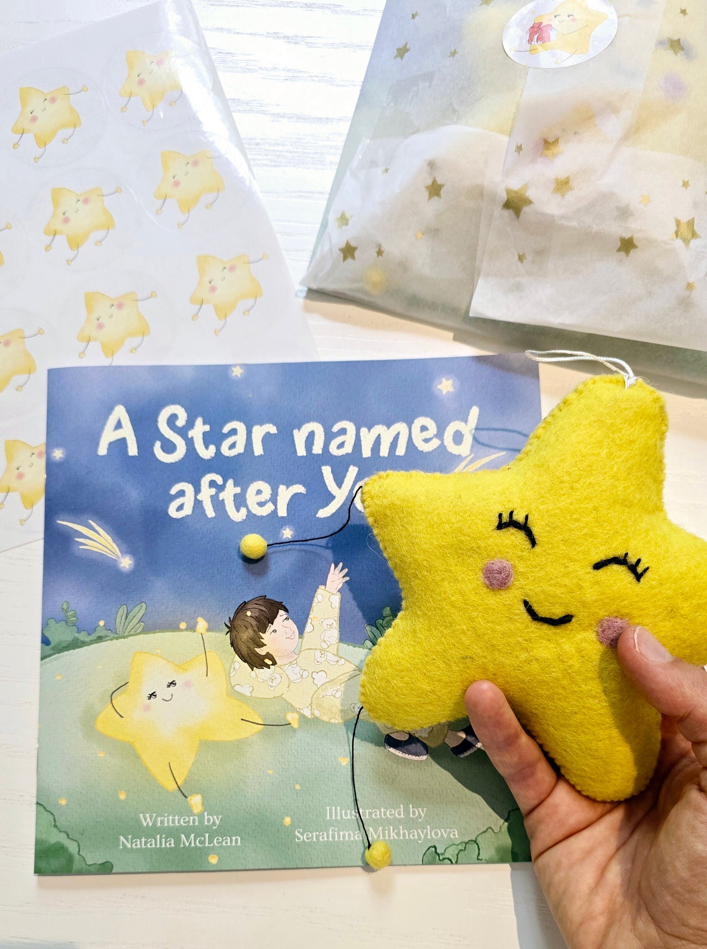 "A Star Named After You" Gift Set: Children's Book in Paperback + Handmade Felt Star Toy